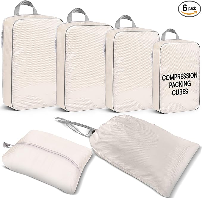 AMHARBOR Set of 6 Compression Packing Cubes for Travel - Space-Saving Luggage Organizers - Vacation Travel Essentials - Lightweight Accessories for Suitcase