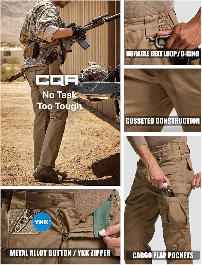 CQR Men's Tactical Pants, Water Resistant Ripstop Cargo Pants, Lightweight EDC Work Hiking Pants, Outdoor Apparel