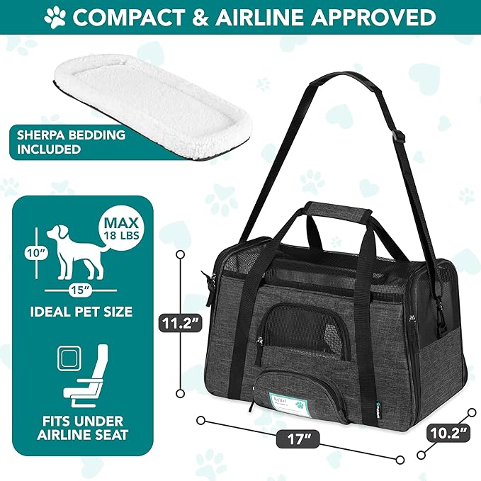 PetAmi Airline Approved Pet Carrier for Cats & Small Dogs, Soft Sided TSA Travel Carrier Bag with Sherpa Bed, Breathable Mesh Ventilation, Collapsible Bowl, Up to 18 lbs, Small Heather Dark Gray