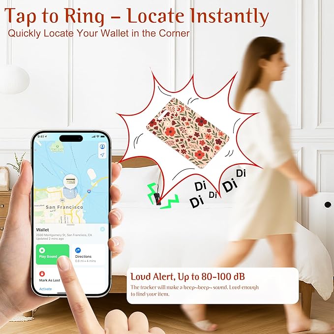 Wallet Tracker Card (iOS Only), Rechargeable Bluetooth Smart Tracking for Apple Find My Compatible Anti Tracker for Men Women Slim Item Locator for Purse Passport Key Luggage Tag (1Pcs/Pink FLR)