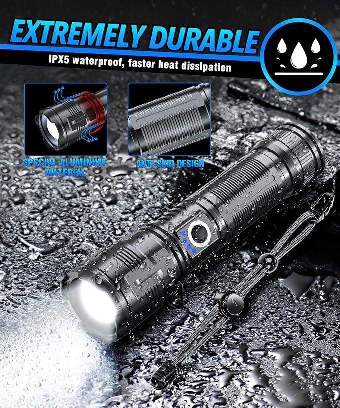 Flashlights High Lumens Rechargeable USB C Flash Light, Super Bright LED Flashlight, Long Beam, IPX5 Waterproof Tactical Flashlight Powerful for Emergency, Camping