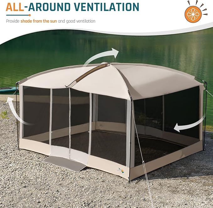 Screen House Tent 13x9ft Screen Room Mesh Gazebos w/ 2 Magnetic Doors, Included Projection Screen, Camping Tent Screened Canopy Shelter for Outdoor Patios Backyards Activities (Beige)