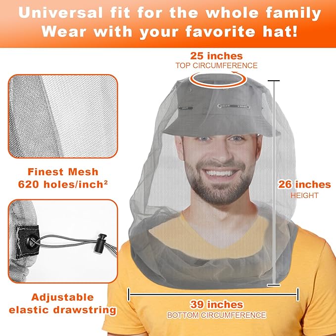 South to East Premium Mosquito Head Net for Insect 2 Pack, Ultra Large & Long, Extra Fine Holes, Fly & Bug Protection Gear for Camping, Hiking, Fishing, Gardening, Safari, Fit All Hats, Grey
