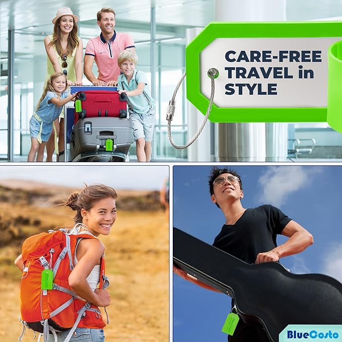 BlueCosto - Luggage tags - large, green, 5 pieces - PVC luggage tags with privacy screen and stainless steel wire loops - personalized luggage identification for travel - name labels for backpacks