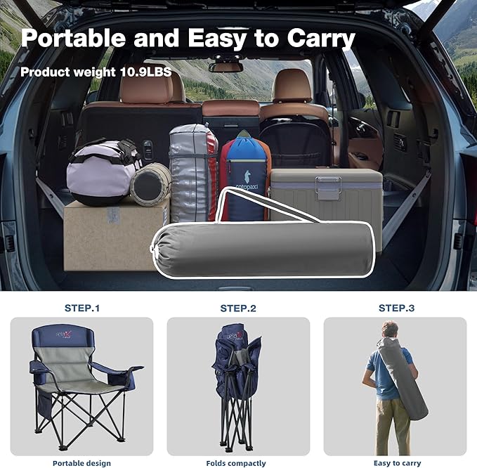 2 Pack Oversized Folding Camping Chair, Heavy Duty Support 500LBS Outdoor Chair with Cup Holder Storage and Cooler Pouch, Collapsible Padded Arm Chair for Sports Garden Beach Fishing, Blue