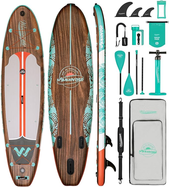 11'6"x35"x6" Wood Grain Stand Up Paddle Board Inflatable, Portable SUP Paddleboard with Complete Accessories, Camera Mount and 10L Dry Bag,Extra Wide Blow Up Paddle Board for Adults Youth Family
