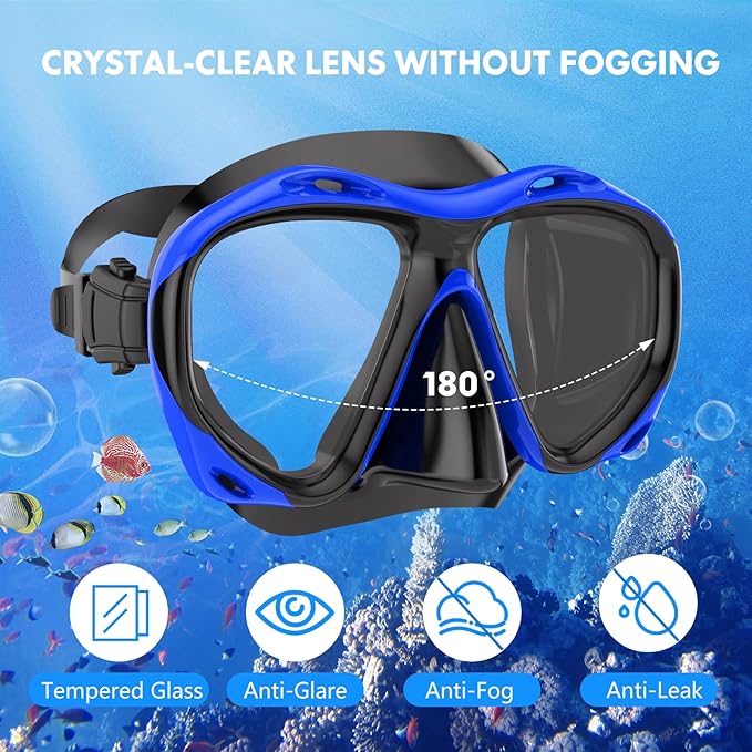 Snorkeling Gear for Adults Men Women, 3 in 1 Snorkel Set with Panoramic View Diving Mask Anti-Fog Anti-Leak, Snorkel Mask Dry Top Snorkel Fins for Swimming, Snorkeling and Travel Diving
