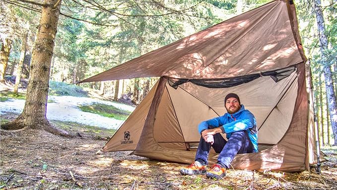 OneTigris Backwoods Bungalow Bushcraft Shelter 2.0, Ultralight Backpacking Tent with with Porch for Camping Hiking Backpacking Motorcycle Kayak Bushcrafters