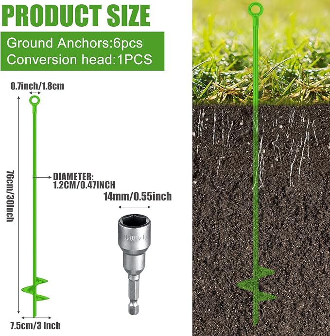 Lasnten 6 Pcs 30 Inch Heavy Duty Ground Anchor Spiral Blade Earth Anchor Kit Metal Anchor Hook Beach Sand Stakes Camping for Securing Animals, Shelters, Tents, Canopies (Light Green)