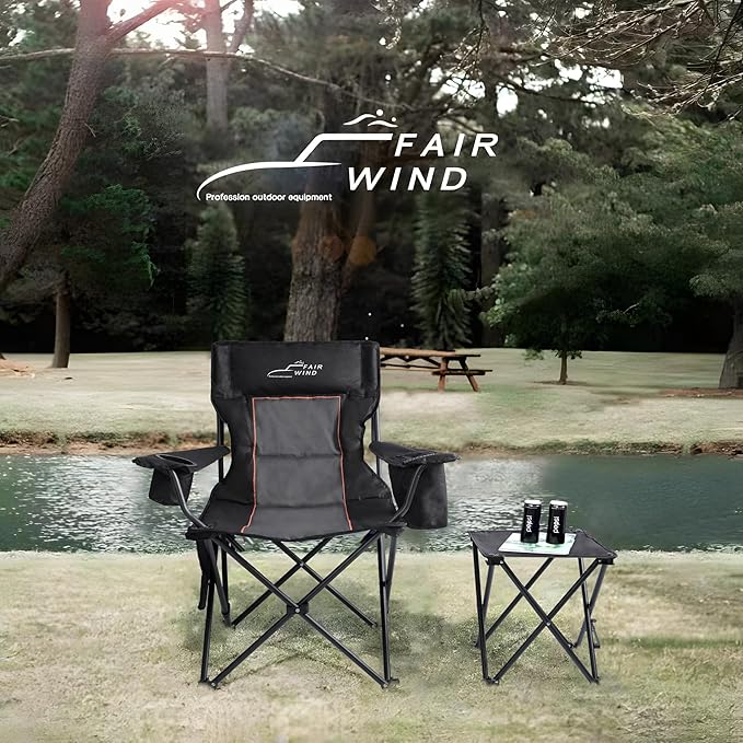 FAIR WIND Oversized Padded Camping Chair with Footrest Stool Set Heavy Duty Support 300 LBS Cooler Bag Chair - Black