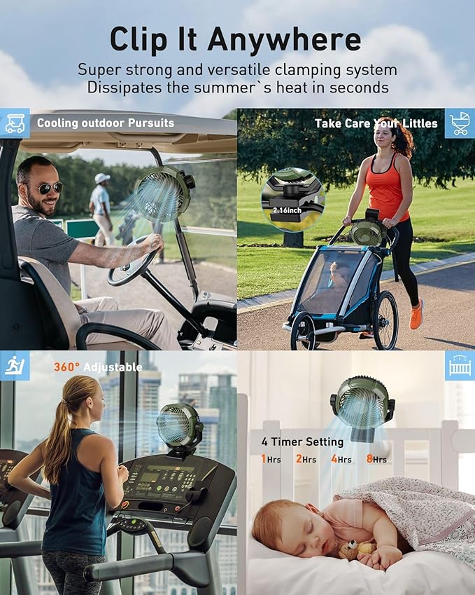 DUKUSEEK 20000mAh Clip On Fan with LED Light, 9-inch 60Hrs Portable Camping Fan with Sturdy Clamp, 360° Oscillating Personal Desk Fan for Office, Worksite, Golf - Regargeable Battery Powered USB Fans