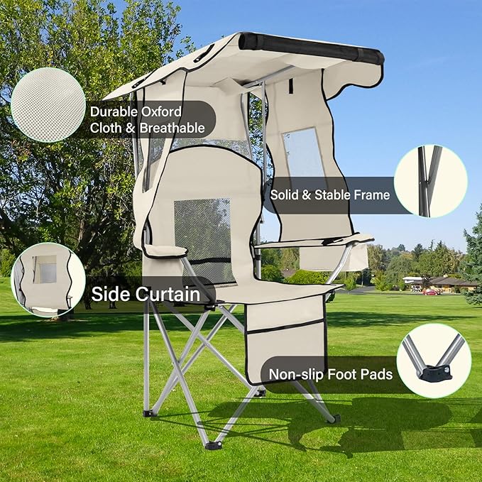 PLKO Camping Chairs with Canopy, Portable Quad Lawn Chair for Adults, Folding Recliner Chair with Cup Holder Outdoor Events and Shade- Support 330 LBS