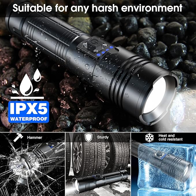 HAUSBELL A100 Upgraded LED Flashlights 20000 High Lumens, Zoomable Bright Flashlight with 5 Modes, Long Range 2000ft, Waterproof Powerful Tactical Flash Light for Emergency, Camping Gear, Hiking