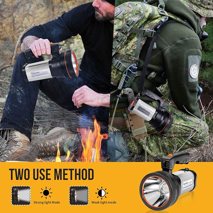 Rechargeable Searchlight Handheld LED Tactical Flashlight with Handle Spotlight High-Power Super Bright Torch with USB Output Torch (Silver)