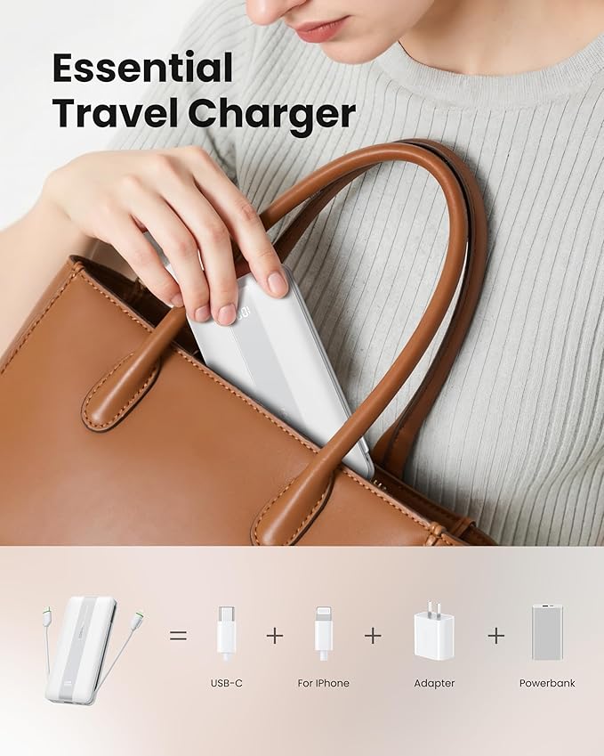 Fast Charging Power Bank with AC Wall Plug, USB C Portable Charger 10500mAh 22.5W with Built in Cables, 4 Outputs 3 Inputs LED Display External Battery Pack Compatible with iPhone/Android (White)