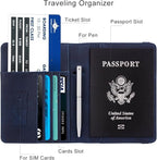 WALNEW Passport Holder for Travel, RFID Passport Cover Wallet for Women Men, PU Leather Passport Book Card Holder Case with Pen (Elastic Band Closure, A-Navy Blue)