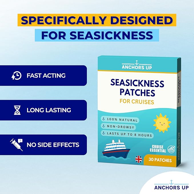 Seasickness Patches for Cruises – Treats Motion and Sea Sickness – Non-Drowsy – 100% Natural – Fast Relief – Long-Lasting – Box of 30 – Cruise Essential by AnchorsUp
