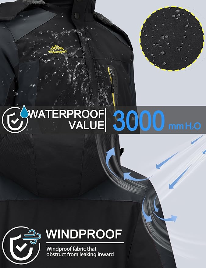 TACVASEN Men's Winter Ski Jacket Waterproof Snow Coats Snowboard Fleece Lining Jacket Warm Parka with Hooded