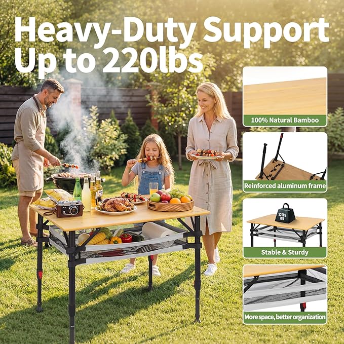 Join Nature Bamboo Camping Table, Adjustable Height Folding Outdoor Table with Aluminum Frame, Portable Camp Table with Carry Bag for Camping, RV, Picnic & Tailgating