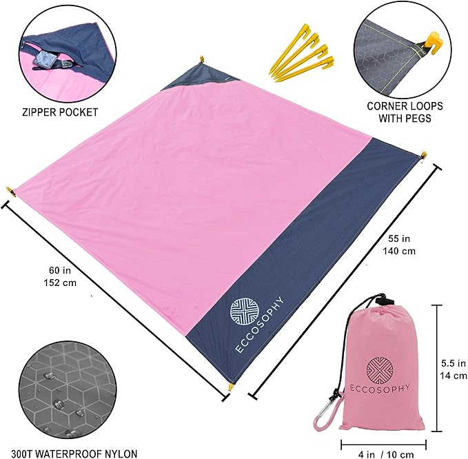 ECCOSOPHY Sand Proof Beach Blanket - 100% Waterproof Picnic Blanket 60x55 - Outdoor Compact Pocket Blanket - Lightweight Ground Cover for Hiking, Camping, Festivals, Sports, Travel- with Bag & Stakes