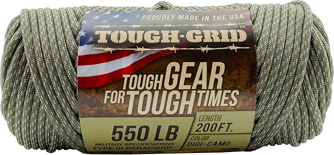 TOUGH-GRID 550 Paracord Rope Nylon Parachute Cord, Made in USA Survival Kit, Outdoor Adventures, Camping, Tactical Gear & Emergency Supplies, Military Type III Mil-Spec