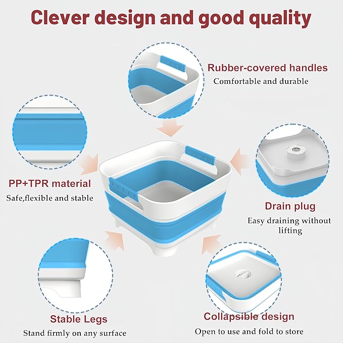 2.4 Gal Collapsbile Wash Basin with Drian Plug,9L Dish Pan for Soaking Baby Bottles,Portable Sink, Multiuse Foldable Bucket,Ice Beverage Tubs for Camping, Vegetable Washing, RV (Blue)