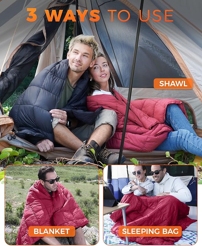 KingCamp Ultralight Camping Blanket, Packable Down Alternative Puffy Wearable Blankets Weatherproof Warm Package Quilt with Snap Buttons for Outdoor Hiking Travel Picnic Stadium (79" L x 53" W, Wine)