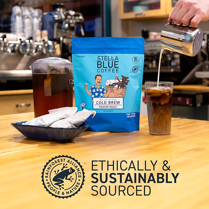 Stella Blue Cold Brew Coffee Packets, Big Cat Blend, Medium Roast Ground Coffee, Caramel, Hazelnut, and Sweet Fruity Finish, 100% Arabica, 6 Brew Packets, Makes 24 Bold Cups