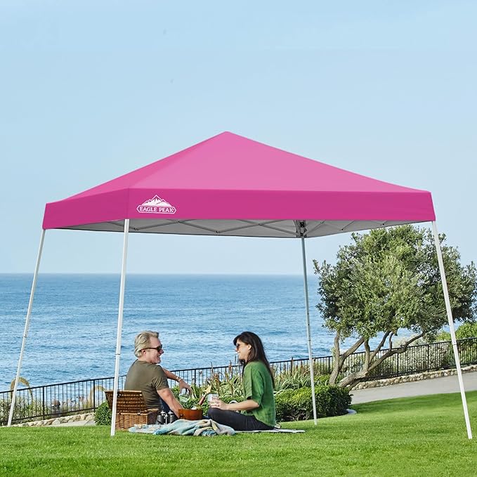 EAGLE PEAK 10x10 Slant Leg Pop-up Canopy Tent Easy One Person Setup Instant Outdoor Beach Canopy Folding Portable Sports Shelter 10x10 Base 8x8 Top (Pink)
