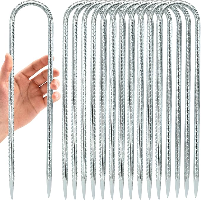 12 INCH 12 Pack Trampoline Stakes, U Shaped Ground Anchors Wind Stakes, Heavy Duty Trampoline Parts, Steel Stakes for Trampolines, Outdoor Canopies, Camping Tents and Football Goals, Silver
