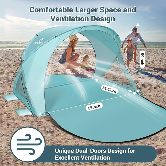 Beach Tent Sun Shelter, Beach Tent with Beach Mat Set, 4 Person Portable Beach Shade Canopy with UPF 50＋ UV Protection, Dual-Door Ventilation Design, Easy Setup Family Beach Umbrella (Green)