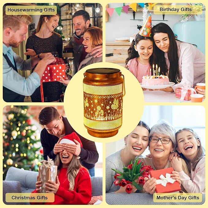 2 Pack Butterfly Solar Lanterns Outdoor Waterproof Solar Garden Decor, Birthday Gifts for Women Mom Grandma, Metal Hanging Lights with Shepherd Hook for Outside Yard Patio Pathway Backyard Porch