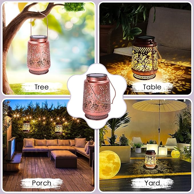 Outdoor Solar Lanterns Hummingbird Decor, Nelyeqwo Waterproof Hanging Solar Lights Gifts for Women Men Metal Lantern Decor for Garden Patio Lawn Porch Backyard Tabletop Pathway Landscape