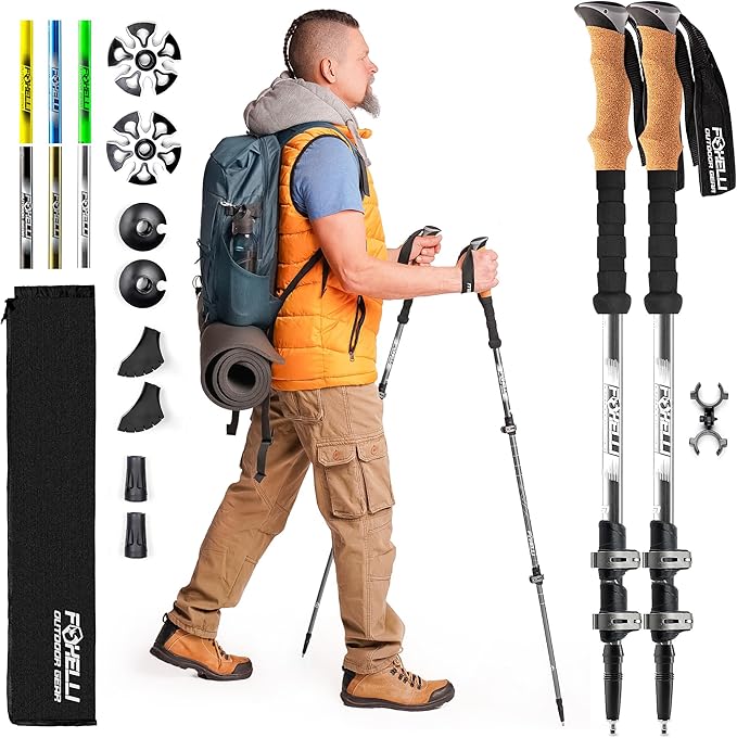 Foxelli Trekking Poles – Lightweight Collapsible Aircraft Grade Aluminum Hiking Poles with Cork Grips Quick Locks & All-Terrain Accessories – Pair of 2