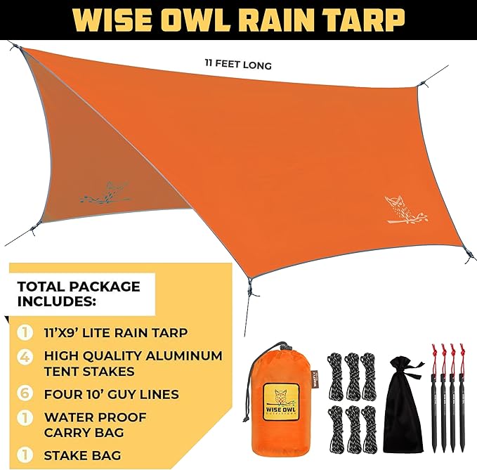 Wise Owl Outfitters Single Hammock & Rain Fly Bundle – Orange Lightweight Camping Hammock with Tree Straps & Waterproof Tarp for Hiking & Outdoor Shelter