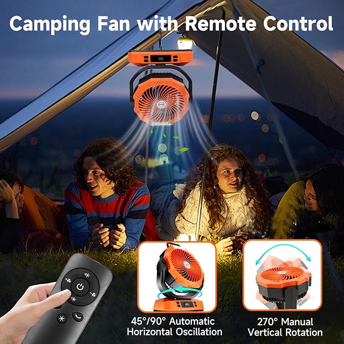 Camping Fan Rechargeable Portable Fan 12-Inch, 40000mAh Battery Powered Fan with LED Light, Digital Display, Timer, 6 Wind Speeds Cordless USB Desk Fan for Tent, Travel (Orange)