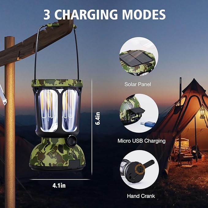 Raynic 6000 LED Camping Lantern, 650LM Hand Crank Solar Battery Powered Rechargeable Lantern, Emergency Lights for Home Power Failure, Hurricane, USB Cable Included