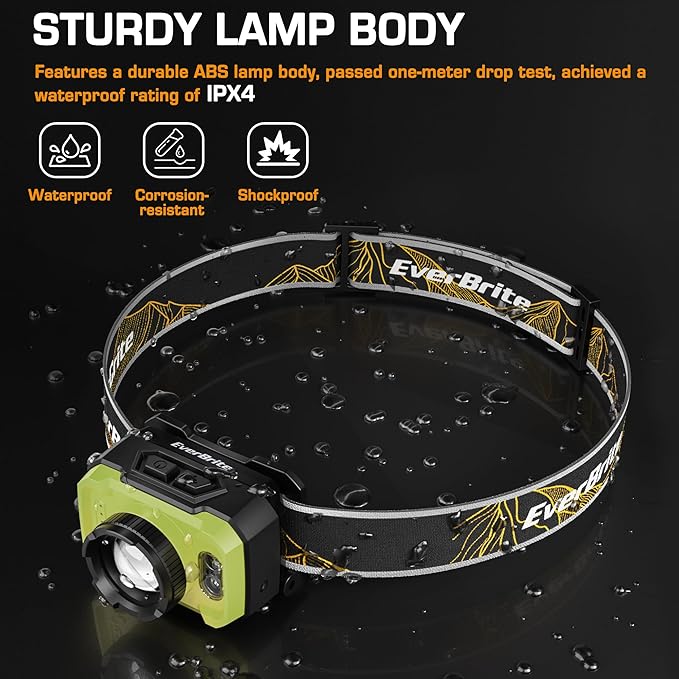 EverBrite 600 Lumen Headlamp, Rechargeable Headlight with 4 Modes, Super Bright Head Lamp with Spotlight & Floodlight, Motion Sensor, Memory Function for Camping, Hiking-Green