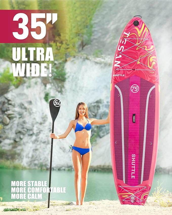 11'6x35'' Extra Wide Inflatable Paddle Board,All-Round Ultra Stable Stand Up Paddleboards with Plus Kits for 450lb/3 People/Family,Dual Bungees, Camera Mount, 100L Backpack, Dual-Action Pump