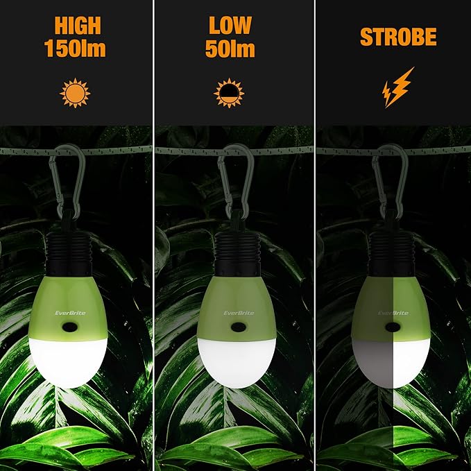 EverBrite Rechargeable Camping Light, Portable Tent Lantern, 3 Lighting Modes, Hanging Tent Light Bulbs with Clip Hook for Hiking, Fishing, Backpacking, Emergency and More(3 Pack)