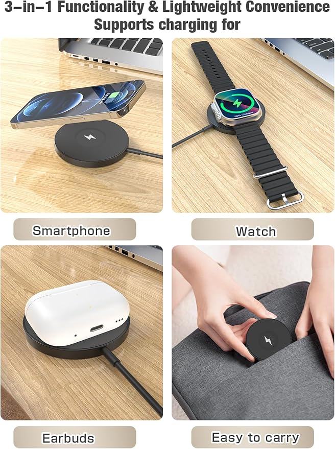 3 in 1 Magnetic Wireless Charging Station, 15W Fast Charger Compatible with iPhone 17/16/15/14/13/12 Series, Apple Watch 9-2/SE, AirPods Pro 3/2/1, for Bedside Desk Travel Home Office (Black)