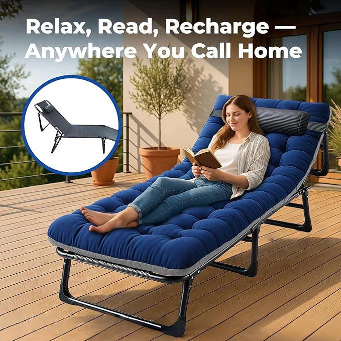 Oxford and Steel Frame 4-Angle Adjustable Foldable Bed Folding Camping Cot Bed with Extra Wide Padded Mattress Support for Adults Outdoor Travel Tent Use(Blue&Gray Mattress,L - 75 * 26'')