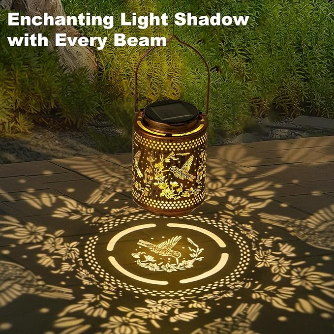 Solar Lanterns Outdoor Waterproof Hummingbird and Iris Garden Decor Gifts for Women Hanging Solar Lights with Metal Design Warm Light for Patio Yard Porch