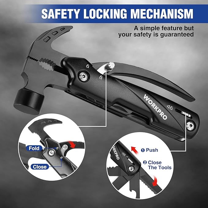 WORKPRO Multitool-12 in 1 Camping Tools with Mini Hammer-EDC Gear Multi Tools Hammer with Safety Lock and Pouch-Mini Multitools Gifts for Men and Women