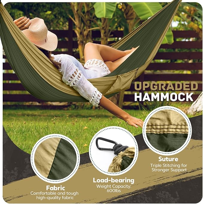 Camping Hammock Lightweight, Portable Hammocks Parachute Hammock with Two Tree Straps, Single or Double Travel Swing Nylon Camp Hammocks, Outdoor Essentials for Beach Backpacking Hiking, Orange