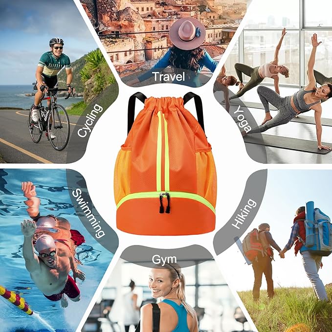 Hoedia Sports Drawstring Backpack - String Swim Gym Bag with Shoes Compartment and Wet Proof Pocket for Women/Men (Orange)