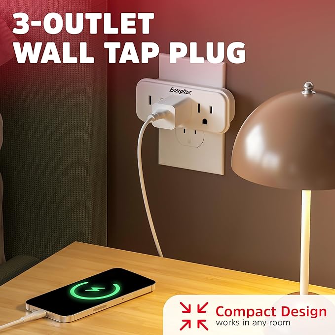 Energizer 3-Outlet Grounded Wall Tap, 15A, 125V, 3-Prong Plug Adapter, White, Plastic & Rubber, Surge Protection, 3 AC Outlets, 4 Pack