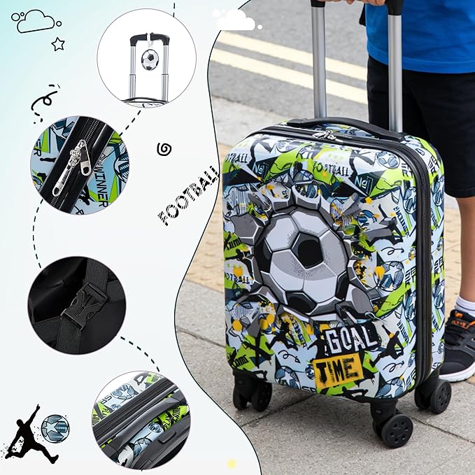 Rosamo Kid’s Luggage Set 6 Piece Suitcase Set 16" Hardside Luggage with Spinner Wheels Girls Boys Carry on Luggage Travel Rolling Luggage Airline Approved (Soccer)