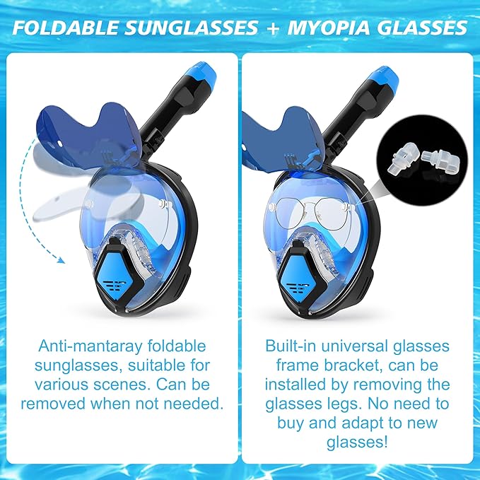 Devilfish Full Face Snorkel Mask Adults, Dry Top System Snorkeling Set with Foldable Sunglasses, 180 Degree Panoramic View Snorkel Gear, Scuba Diving Masks Anti-Leak & Anti-Fog