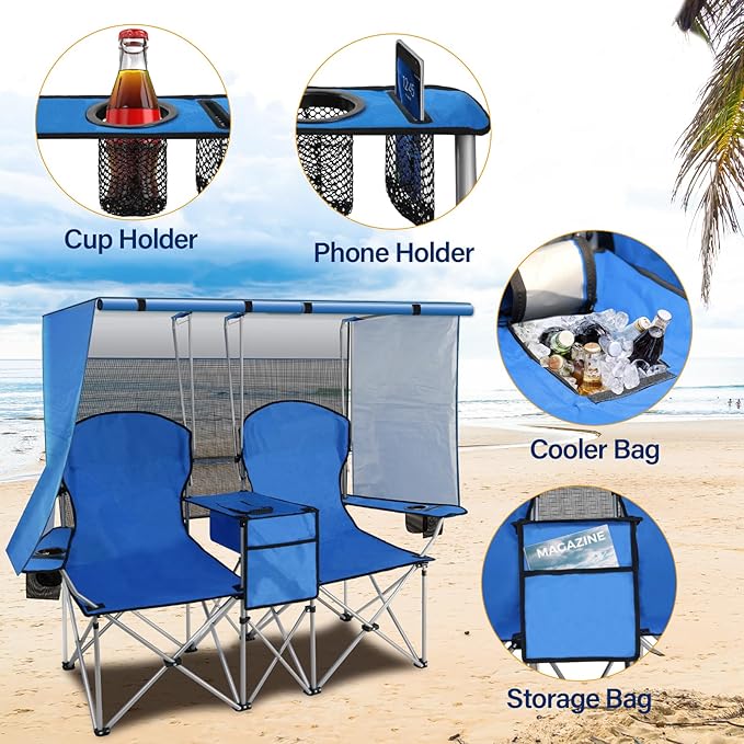 BDL Double Camping Chair with Canopy, Two Person Folding Loveseat with Shade, Heavy Duty Beach Chair with Cooler Bag, Cup Holder for Outside, Fishing, Sports, Beach-Sky Blue